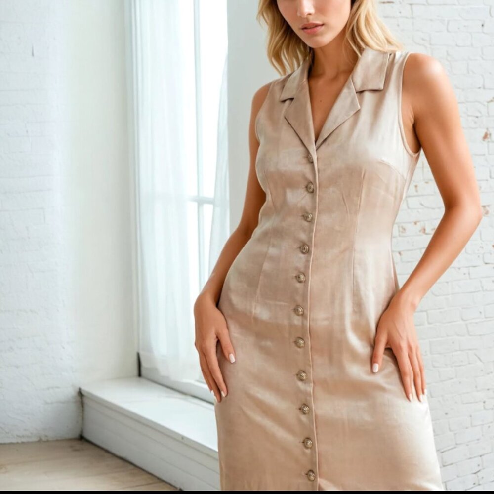 Rare Couture Jan Micole Vintage Peau de Soie Sleeveless Sheath Dress w/ Buttons - Picture 2 of 12